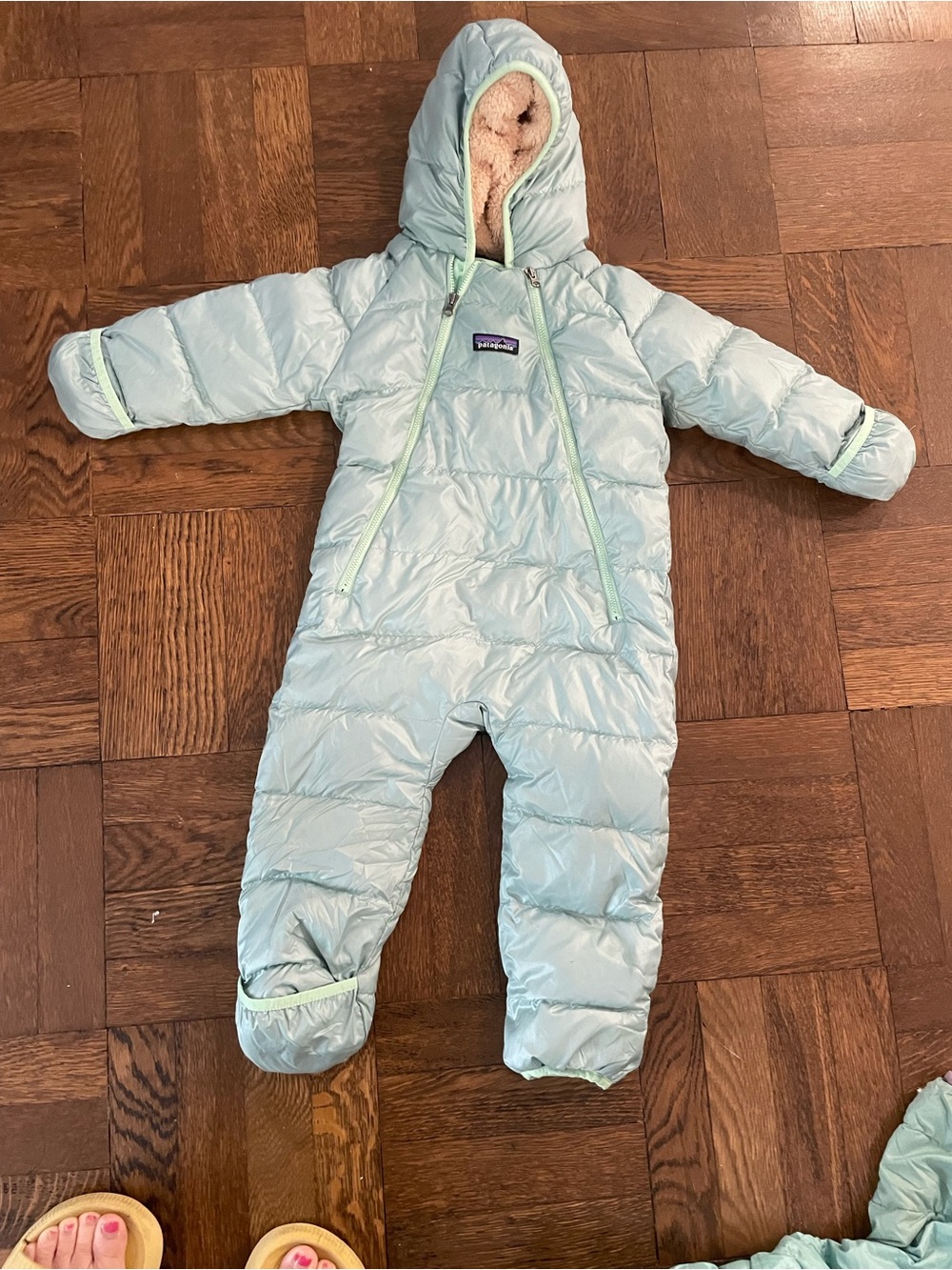 Patagonia hi-loft Light Blue Infant Insulated One-Piece Bunting